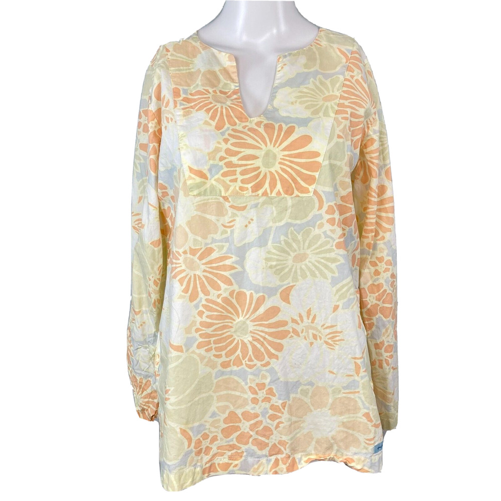 The Tropical Lifestyle Shirt Womens Sz S Ivory Orange Floral Cotton V Neck Tunic